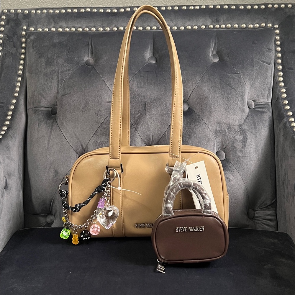 Steve Madden Bharlan Latte Shoulder Bag with Charms & super mini bag charm. NWT